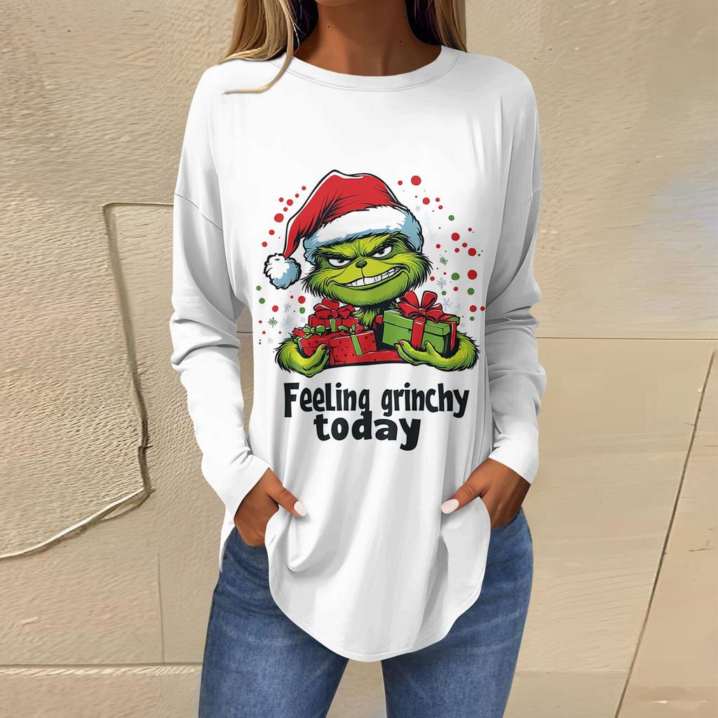 Women's Loose Round Neck Print Long Sleeve T-Shirt Top Pullover