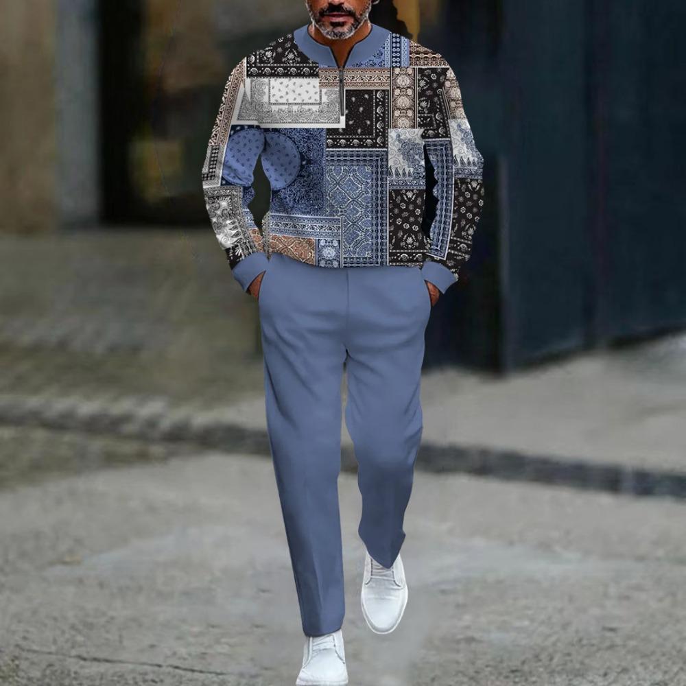 Весенне-осенние модные мужские комплекты с 3D-принтом, мужская повседневная спортивная одежда из двух предметов с воротником-стойкой на молнии
