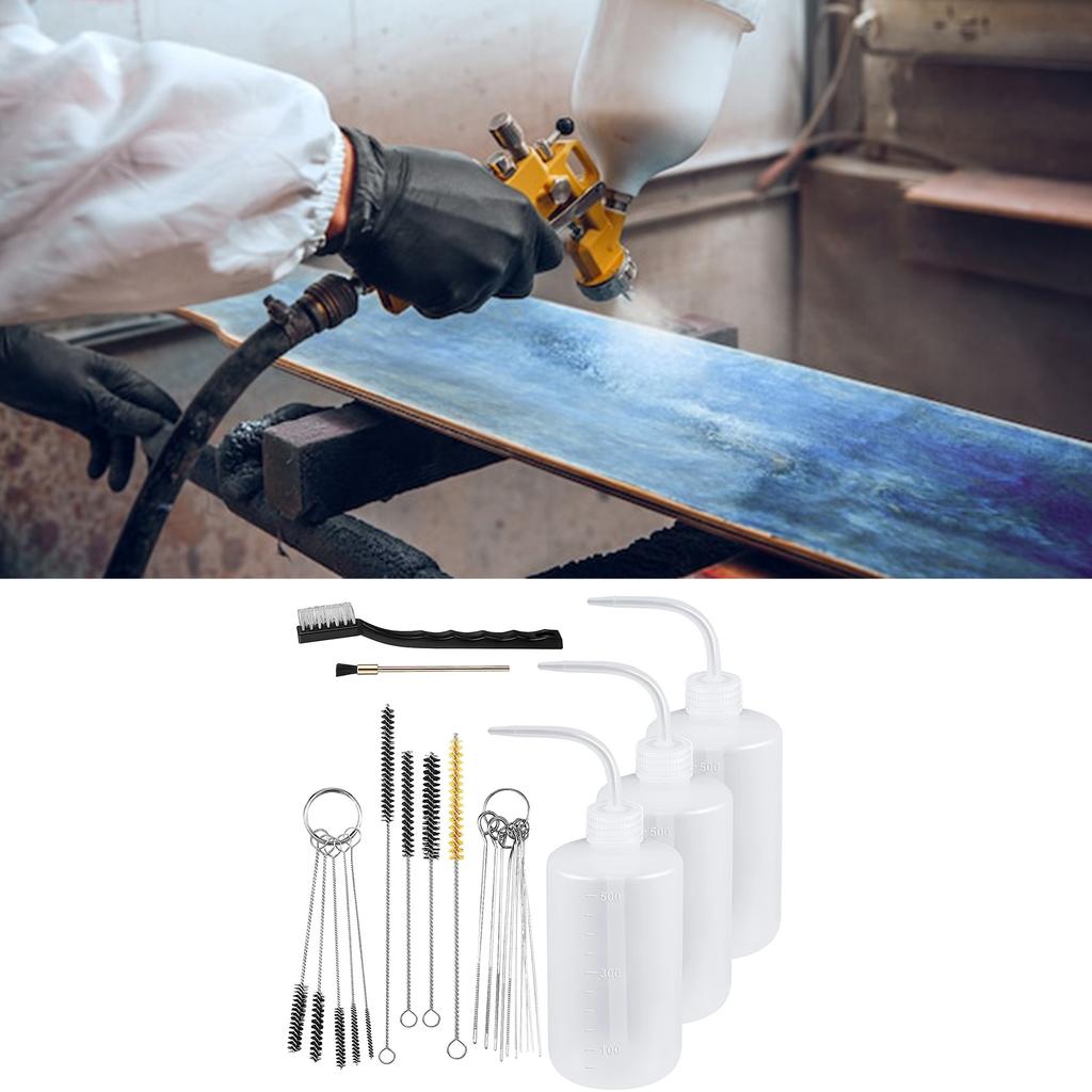 Набор для чистки портативного распылителя из 24 предметов включает 4 моющих бутылки с дозатором и 21 кисть для эффективного обслуживания краскопульта.