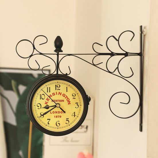 Retro Double Sided Iron Wall Bracket Clock Office Home Living Room Decoration