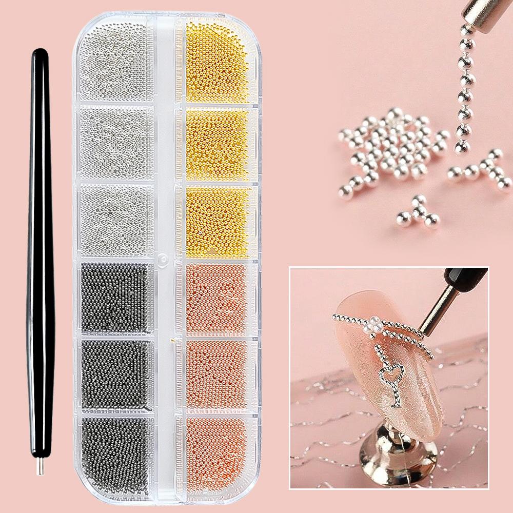 About 3000 Pcs Pearl+steel Balls Set Nail Charm White Half Round Pearl 1/1.2mm Steel Ball DIY Fairy Nail Art Jewelry Accessories