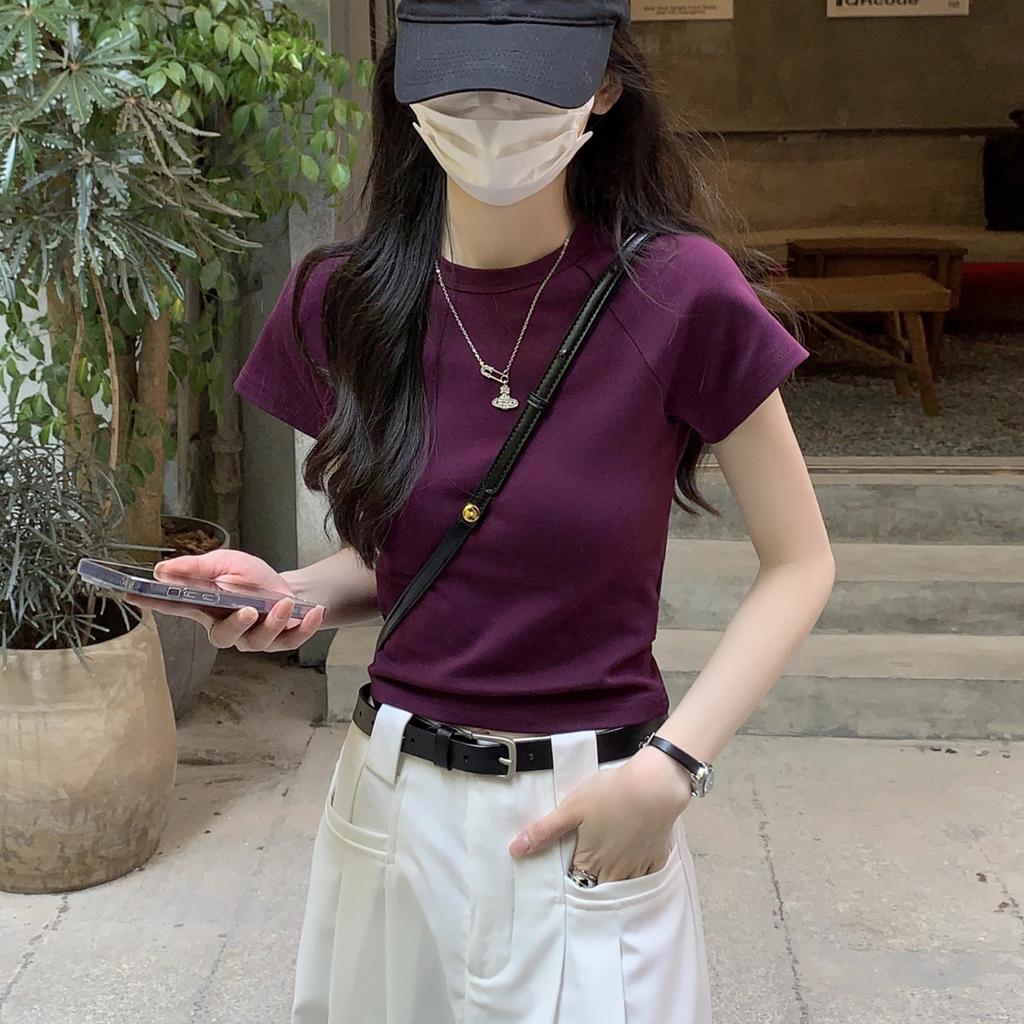 Короткая футболка из чистого хлопка с высокой талией для женщин, летняя новая круглая горловина, распорка на плечах, короткий рукав, базовая рубашка