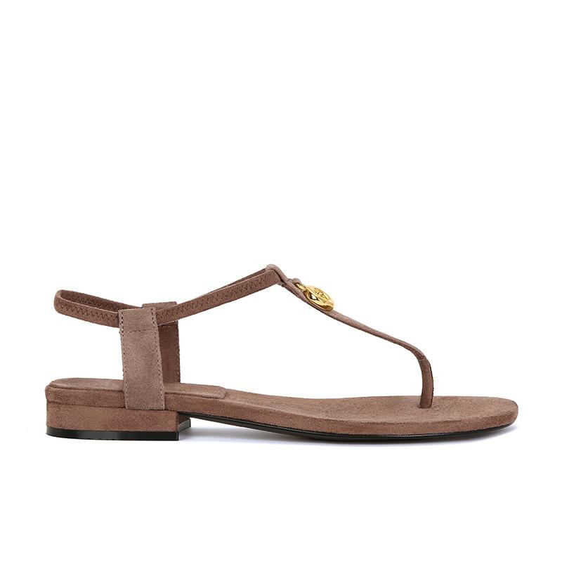 Su Yinyin has the same retro mandarin duck design gold buckle T with toe flat sandals women's round head versatile open-toed sandals