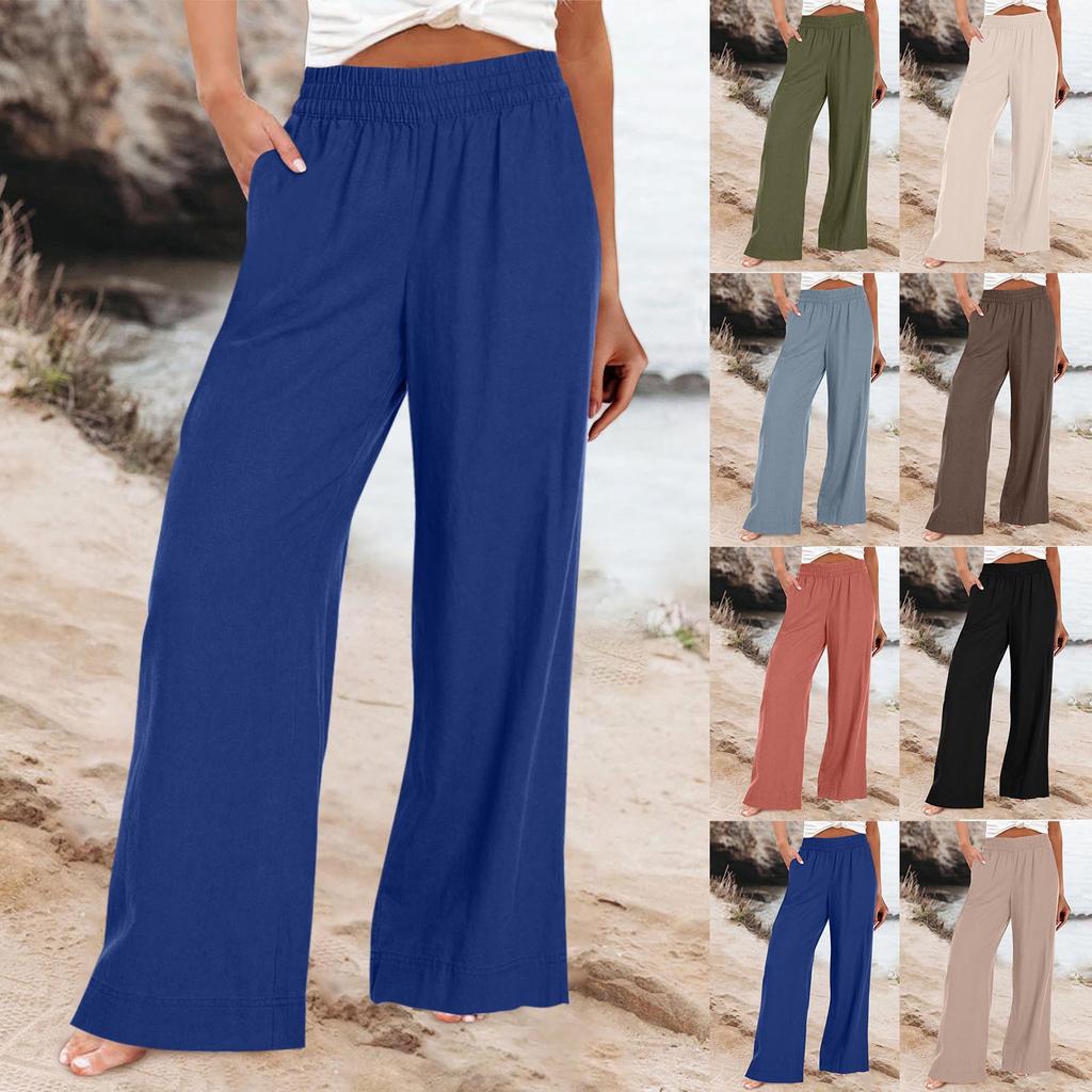 Cotton And Linen Trousers, Summer Wide-Legged Casual Loose High-Waisted Wide-Leg Trousers With Pockets