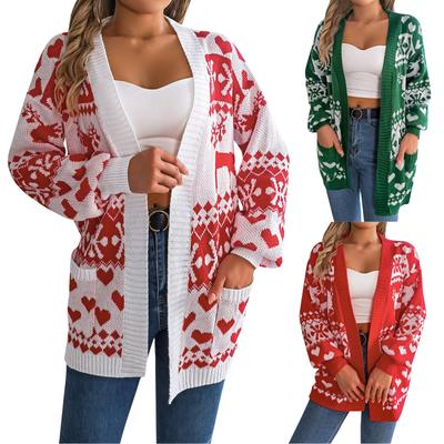 Женская мода повседневная рождественская куртка-кардиган с длинным рукавом и карманом