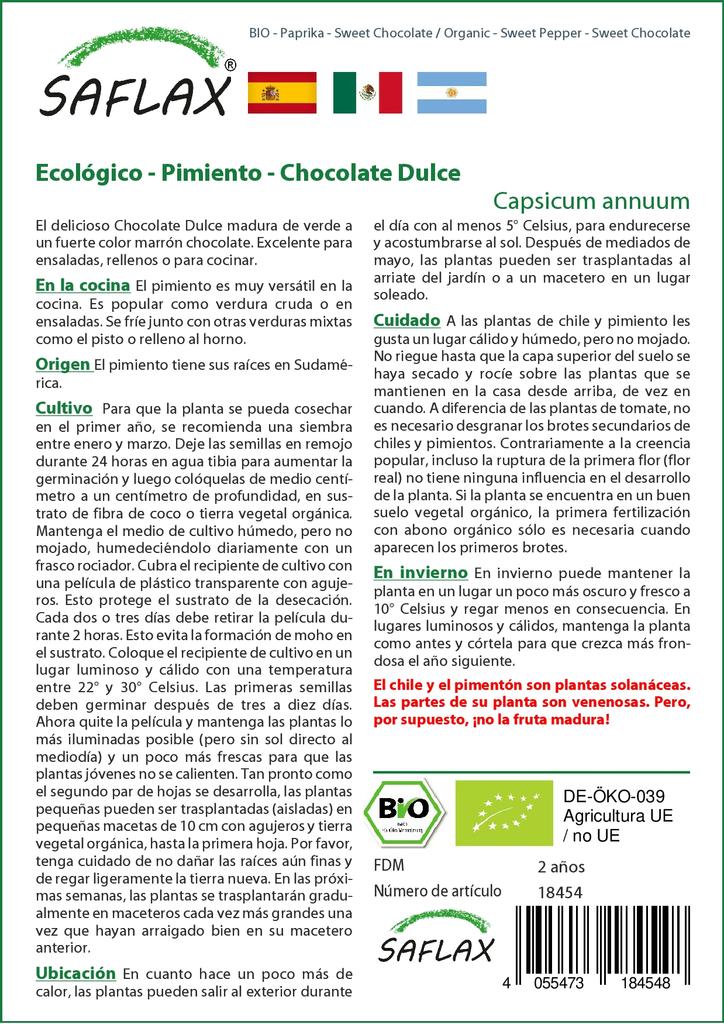 SAFLAX Garden in the Bag - Органический - Сладкий перец - Сладкий шоколад - 10 семян - С субстратом в подходящем пакете - Capsicum annuum