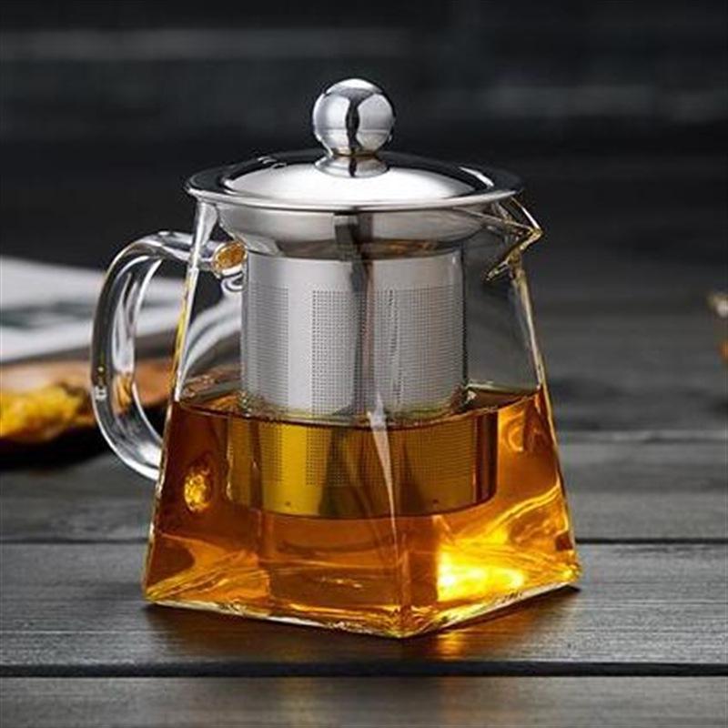 Heat Resistant Glass Teapot with Stainless Steel Coffee Infuser Heated Container Tea Pot Good Clear Kettle Square Filter Baskets