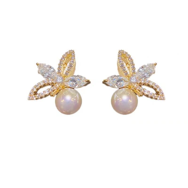 French retro synthetic zircon flower earrings light luxury high-end stud earrings exquisite temperament fashionable versatile earrings women