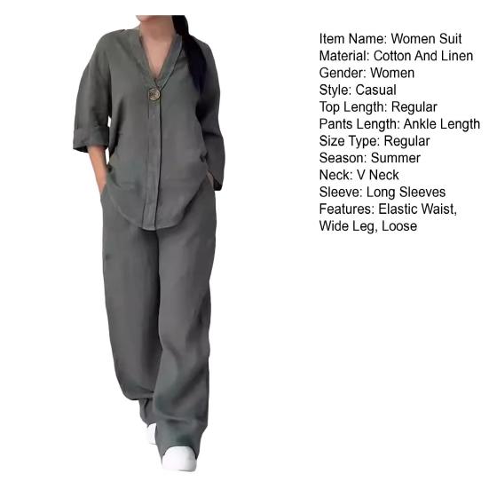 2 Pcs/Set Blouse Pants Set V Neck Long Sleeves Button Decor Top Wide Leg Loose Drawstring Elastic Waist Trousers OL Commute Casual Homewear Outfit