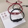 Autumn Red Rope Couple Bracelet with Strawberry Crystal and Obsidian
