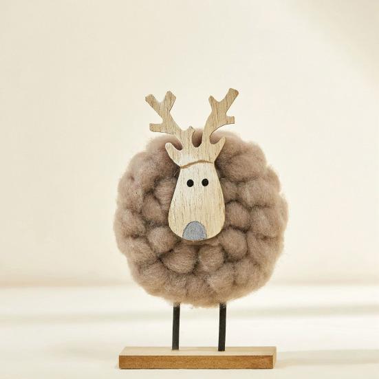 Christmas Tabletop Decoration Plush Wool Felt Reindeer Santa Tree Figurine with Wooden Base for Winter Tiered Tray Mantel Decor