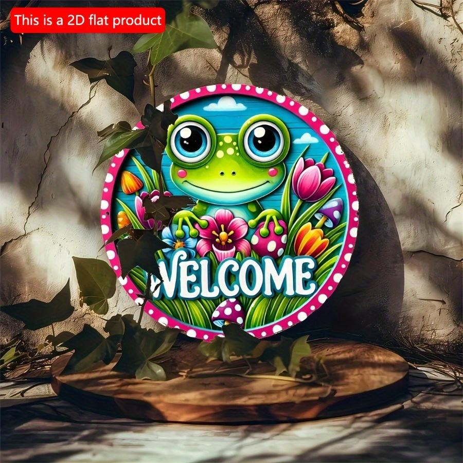 1 шт. 2d плоский деревянный знак - 20 см круглый приветственный знак с милой лягушкой и цветочной гирляндой для декора входной двери, металлический венок знак для домашнего сада