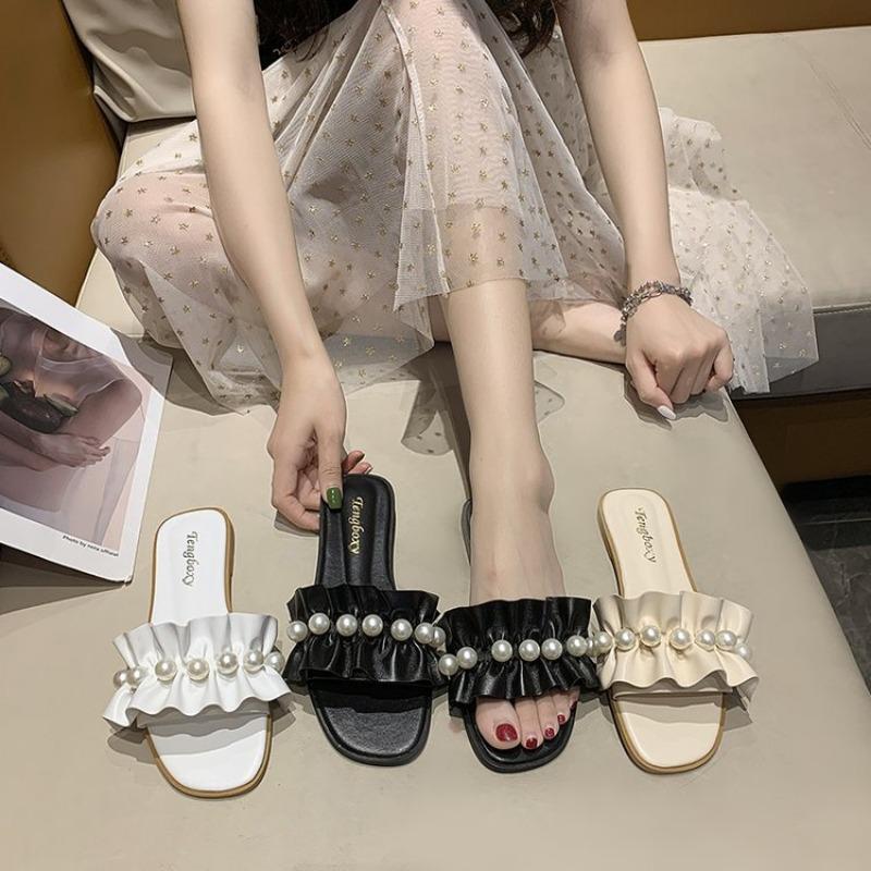 Тапочки с кружевом и жемчугом, женская одежда, плоская пляжная повседневная обувь, модные сандалии, лето 2024, новинка