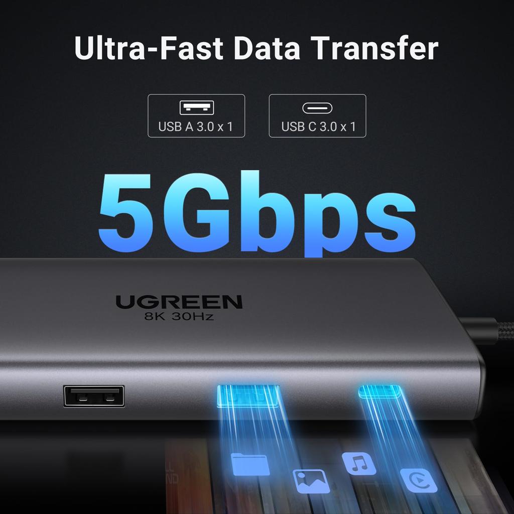 Ugreen Док-станция Revodok Pro 210 с двумя расширениями HDMI и одним портом 3.5 мм, передача данных 5 Гбит/с, быстрая зарядка 100 Вт PD, Gigabit Ethernet, слоты для карт Micro SD и TF