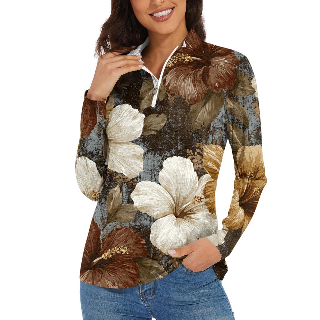 Women's Casual Fashion Retro Floral Print Long Sleeve Zipper Neck Top T-shirt