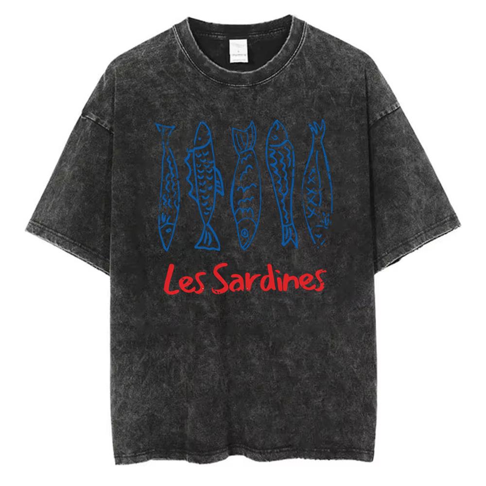 Sardines Can Graphic TShirt Washed Cotton Men Women Vintage Acid Wash Retro Streetwear Short Sleeve Fish Graphic Tee Shirt