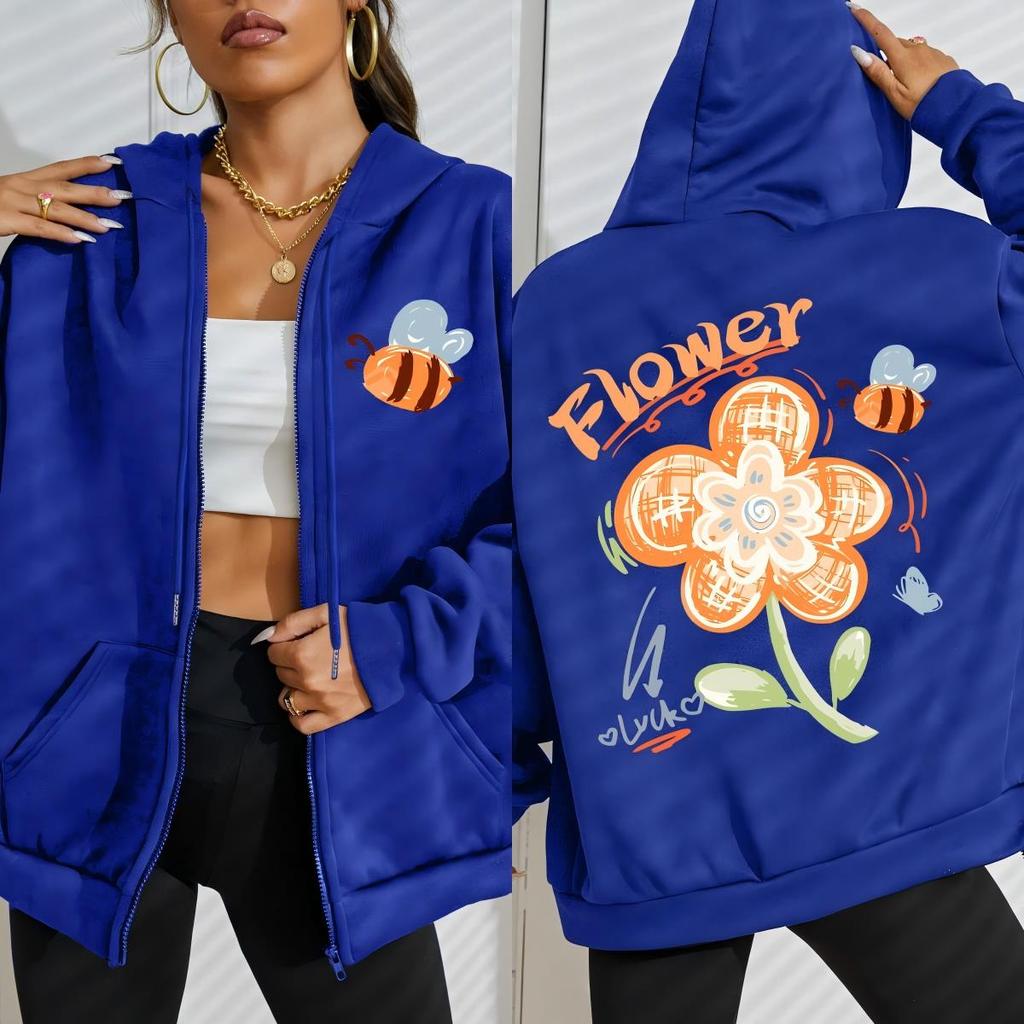 Худи на молнии с рисунком пчелки и цветка удачи, женская модная мягкая толстовка, осенняя, оверсайз, спортивная одежда, свободная, повседневная, уличная одежда