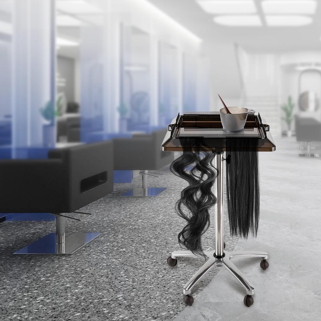 Removable Hair Extension Tool Tray Cart, 5-Wheel Adjustable 70-110cm Height Wig Holder Stand, Silver & Black Styling Station