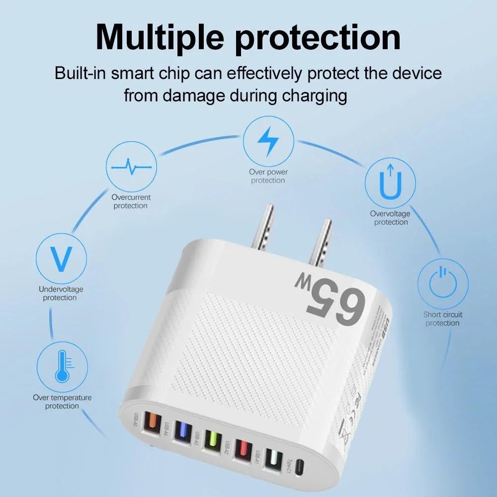 65W PD USB Charger 6 Ports USB Type C Charger Adapter Quick Charge 3.0 Fast Charging For iPhone 14 Samsung Xiaomi Mobile Phone