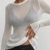 See Through Fashion White Elegant Striped See Through Women Tops Outfits Long Sleeve T-Shirts Tees Skinny Club Party Clothes