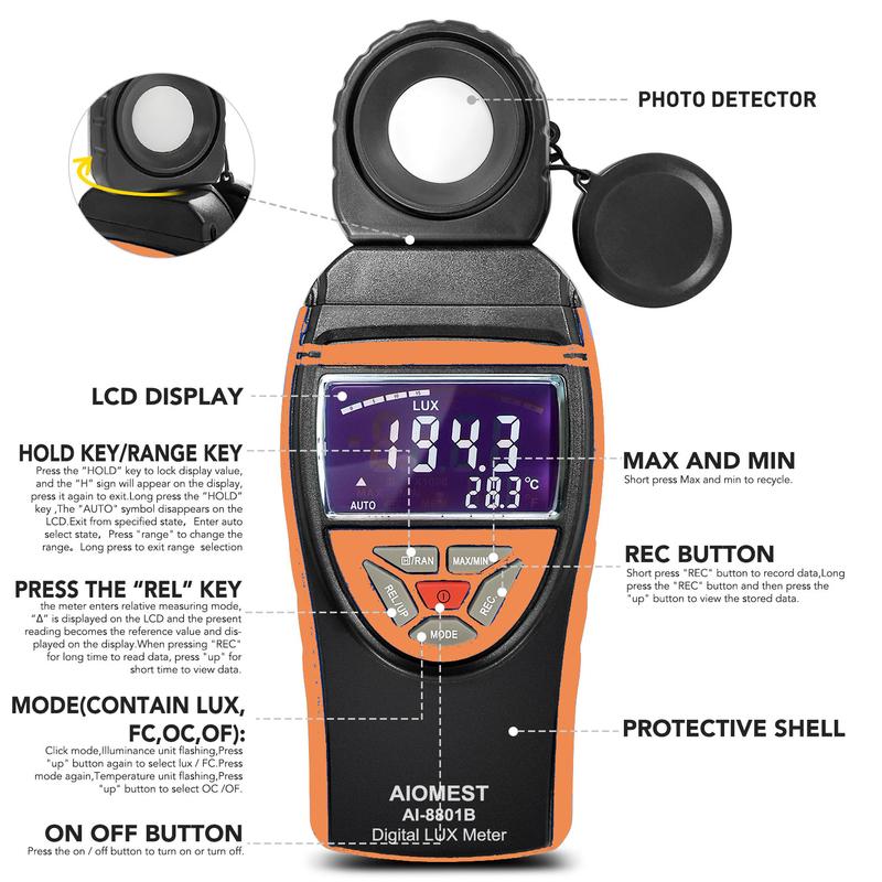 Digital illuminance meter,High accuracy and fast response,Light detector: used for light detection,LCD display,1-400,000Lux