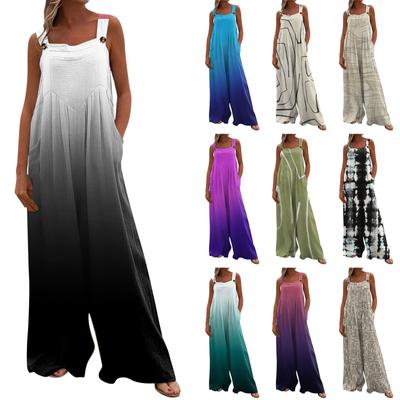 Женский комбинезон на пуговицах с принтом, повседневные свободные комбинезоны без рукавов с карманами