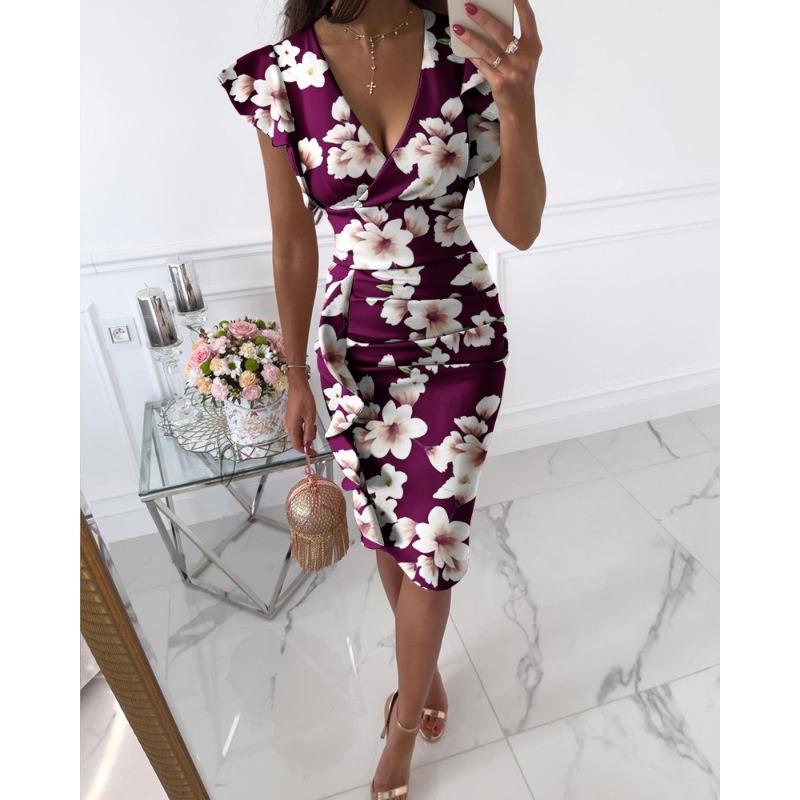 JKASHDK Women's Fashion Summer Spring Solid Color Print Short Sleeve V-Neck High Waist Casual Dresses