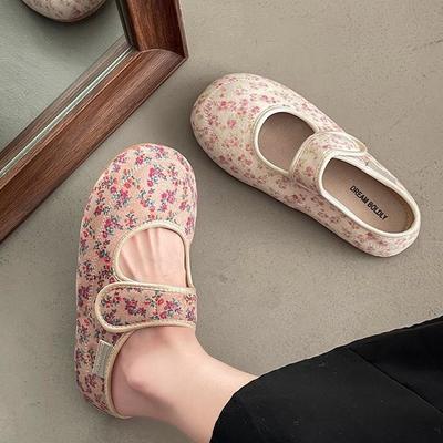 Ретро литературные туфли Doudou женские 2025 новые весенне-летние на липучке с мелким цветочным принтом Мэри Джейн милые балетки