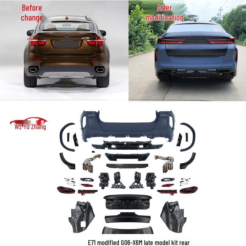 BMW E71 to G06-X6M Conversion Kit: Front/Rear Bumpers, Headlight Brackets, Fenders, and Engine Hood.