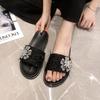Thick-soled Slippers Women's New Rhinestone Versatile Outer Wear Flat Bottom One Word Beach Sandals Large Size -