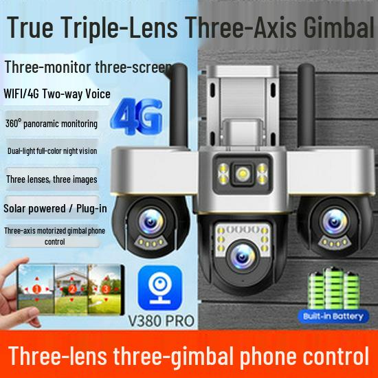 V380 Солнечная 4G Беспроводная HD Ночное Видение WiFi PTZ Камера на Батарейках с Тремя Объективами