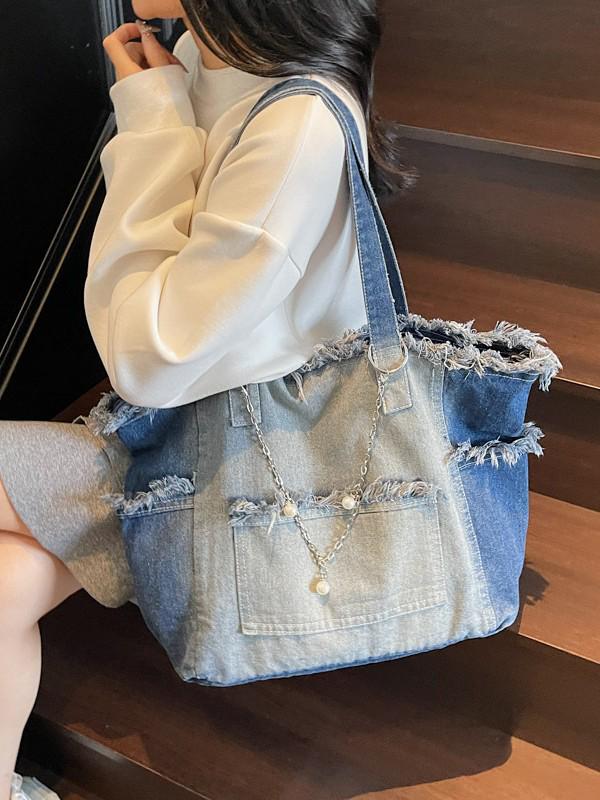 Градиентная джинсовая сумка-тоут большой вместимости - Универсальная сумка через плечо для поездок