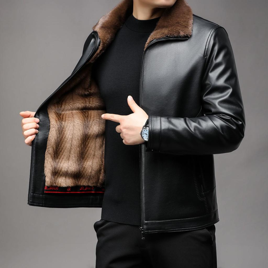 Clothes Winter New Fashion Urban Lapel Leather Jacket Men's Mink Fur Integrated Warm Leather Jacket