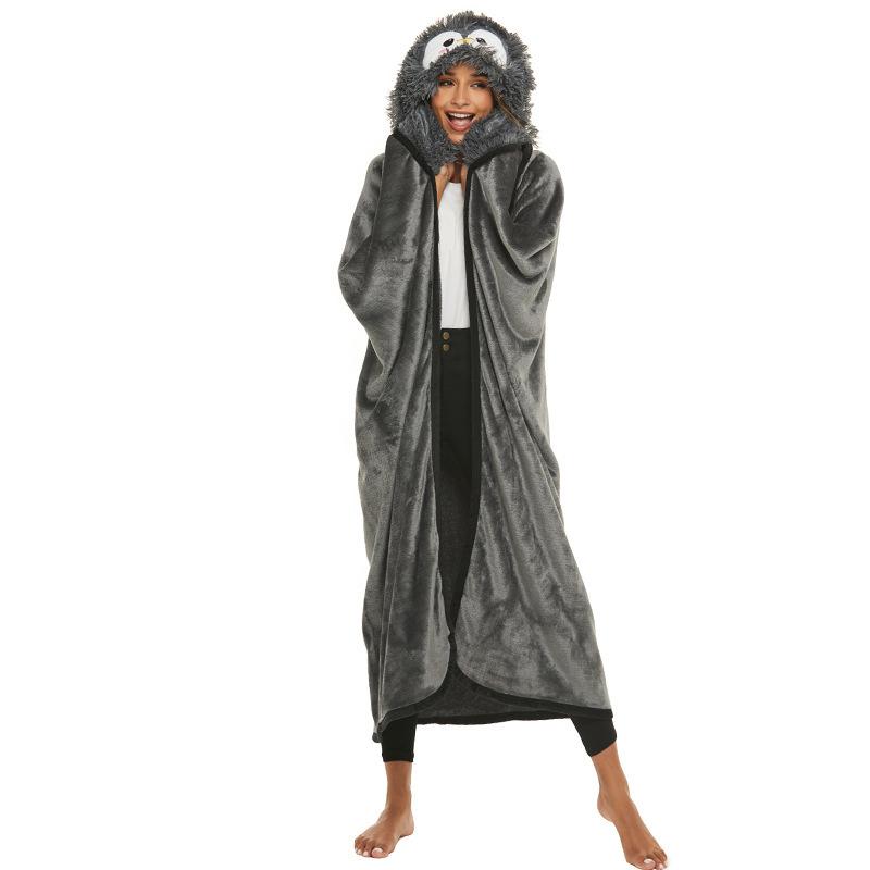 Накидка с капюшоном, животное ленивец, пингвин, як, двустороннее одеяло с вышивкой из мультфильма, фланелевое одеяло, носимая теплая накидка, домашнее пальто