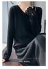 Women's Black V-Neck Pure Wool Base Layer Top - Hollow Out Long Sleeve, Spring/Summer Knitwear, Stylish High-End Feel Sweater.