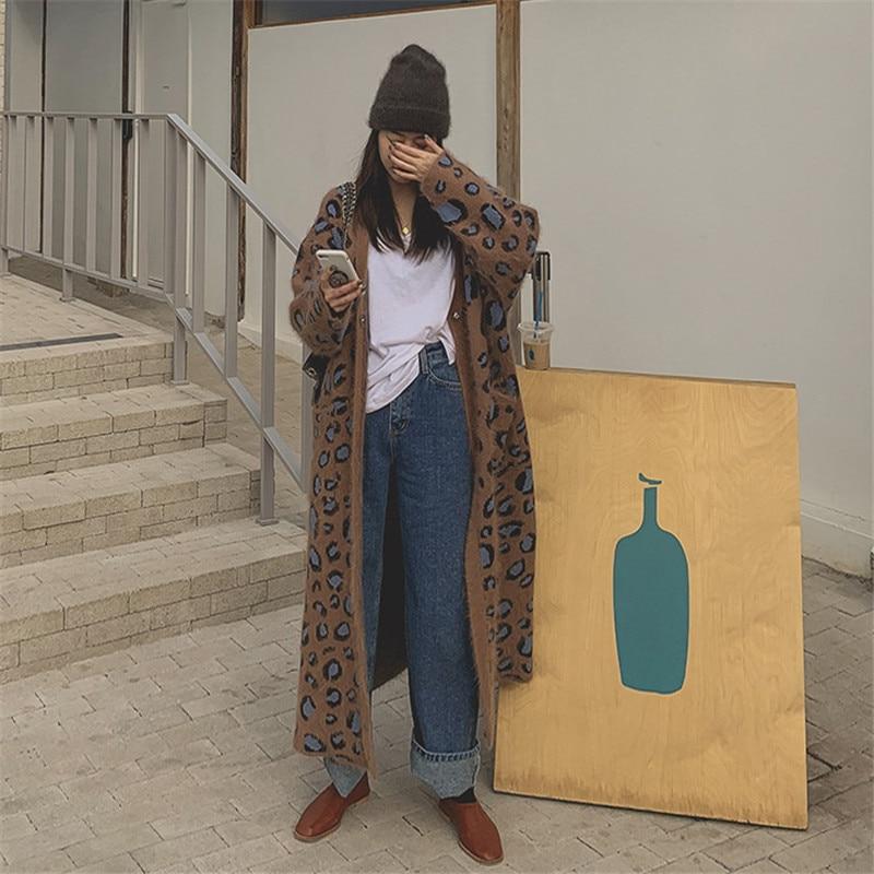 Johnature леопардовые вязаные женские корейские свободные длинные пальто осень-зима кардиган теплые женские тренчи