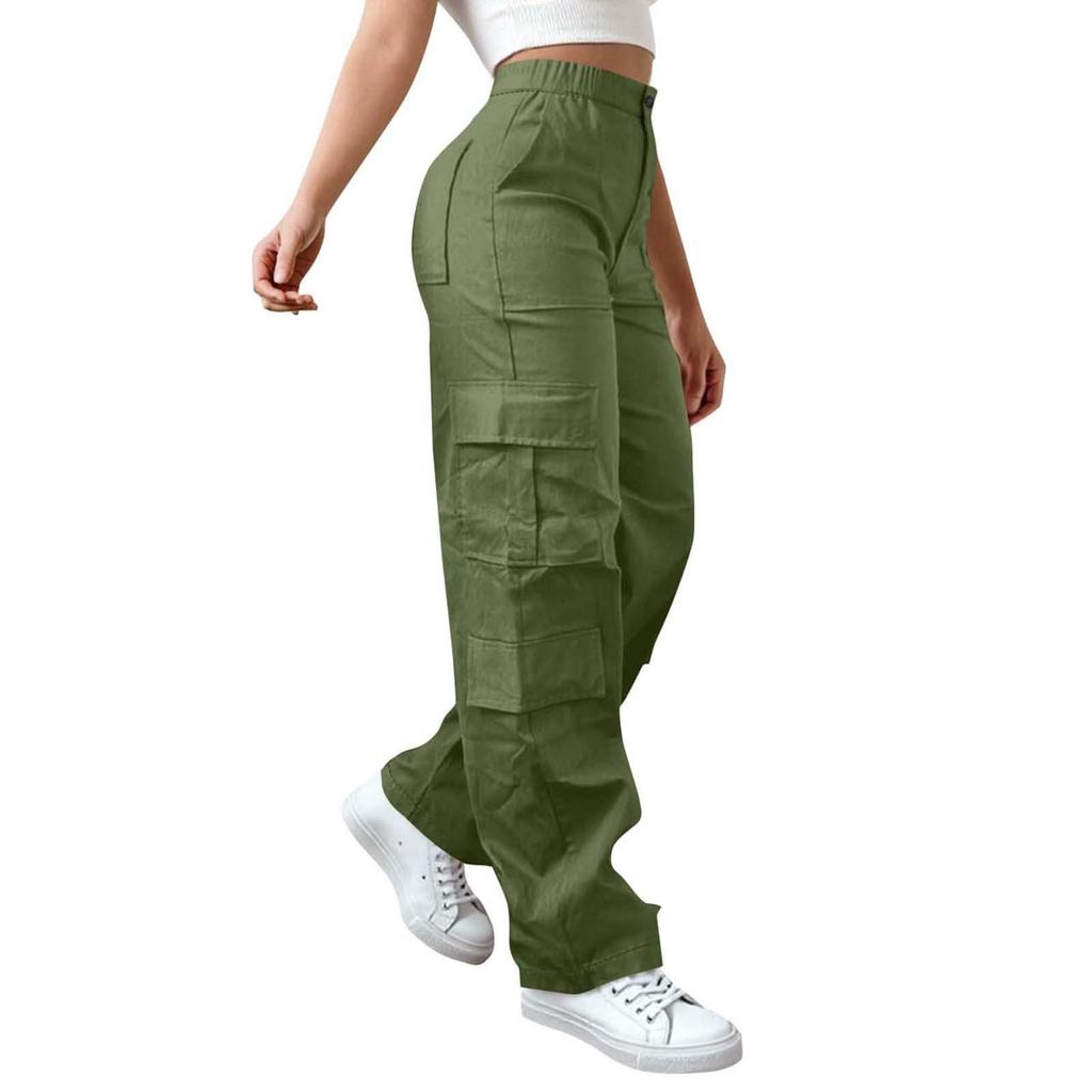 Womens Elastic High Waisted Cargo Pants Stretch Casual Wide Leg Streetwear Parachute Hiking Pants With Pockets