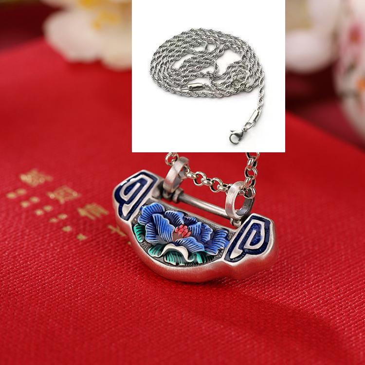 S990 Sterling Silver Cloisonné Lotus Ruyi Lock Flower Pendant Necklace - Ethnic Style Exquisite Design