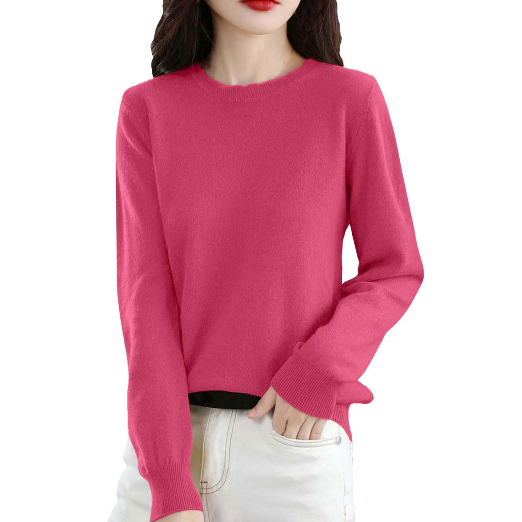 Women's Casual Lace Round Neck Base Layer Knitted Long Sleeve Solid Color Sweater