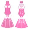 Womens Fashion Lingerie Patent Leather Open Cup Skinny Bodysuit with Skirt Wedding Night Outfits