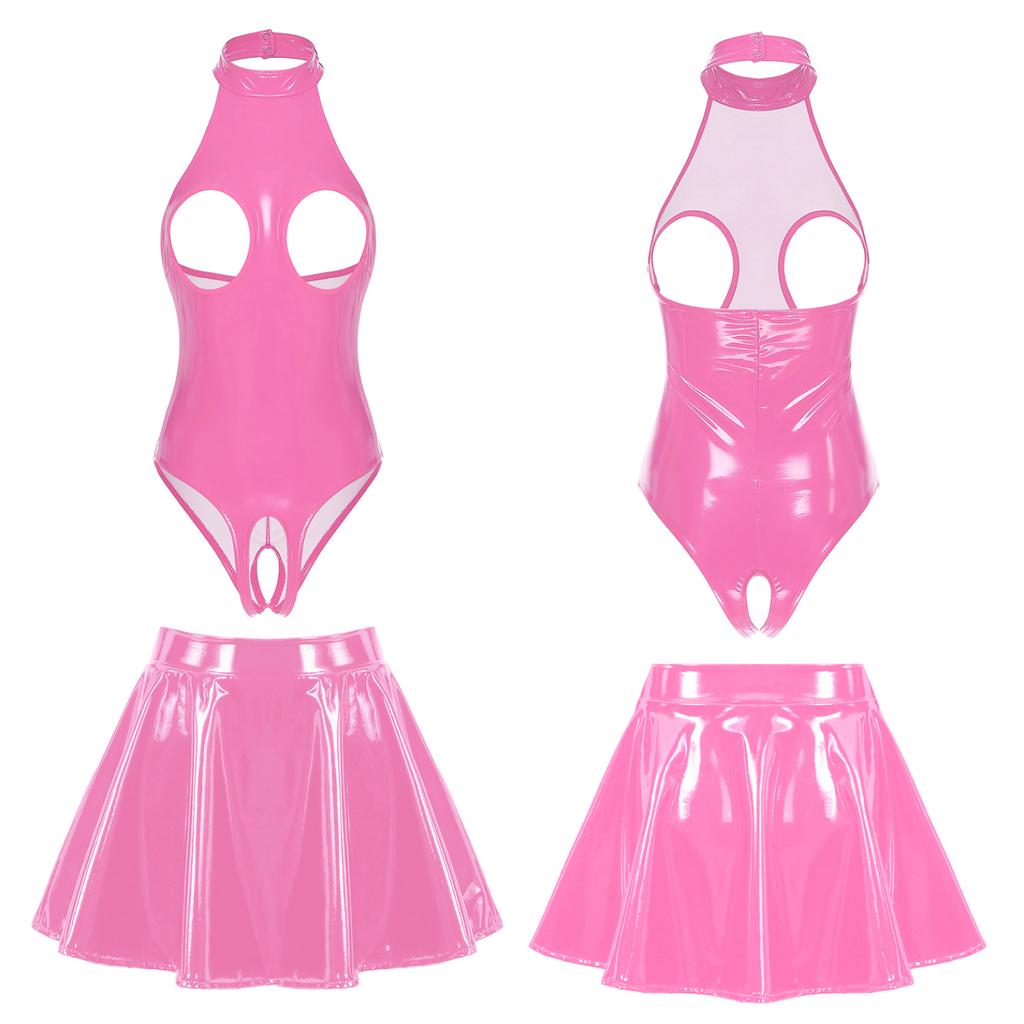 Womens Fashion Lingerie Patent Leather Open Cup Skinny Bodysuit with Skirt Wedding Night Outfits
