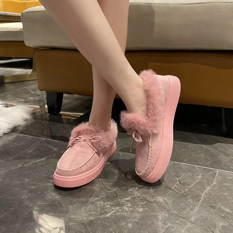 Winter Women's Cotton Flat Shoes Moccasins Femme Warm Plush Loafers Comfy Fur Flats Woman Large Size 35-43 Platform Furry Boots