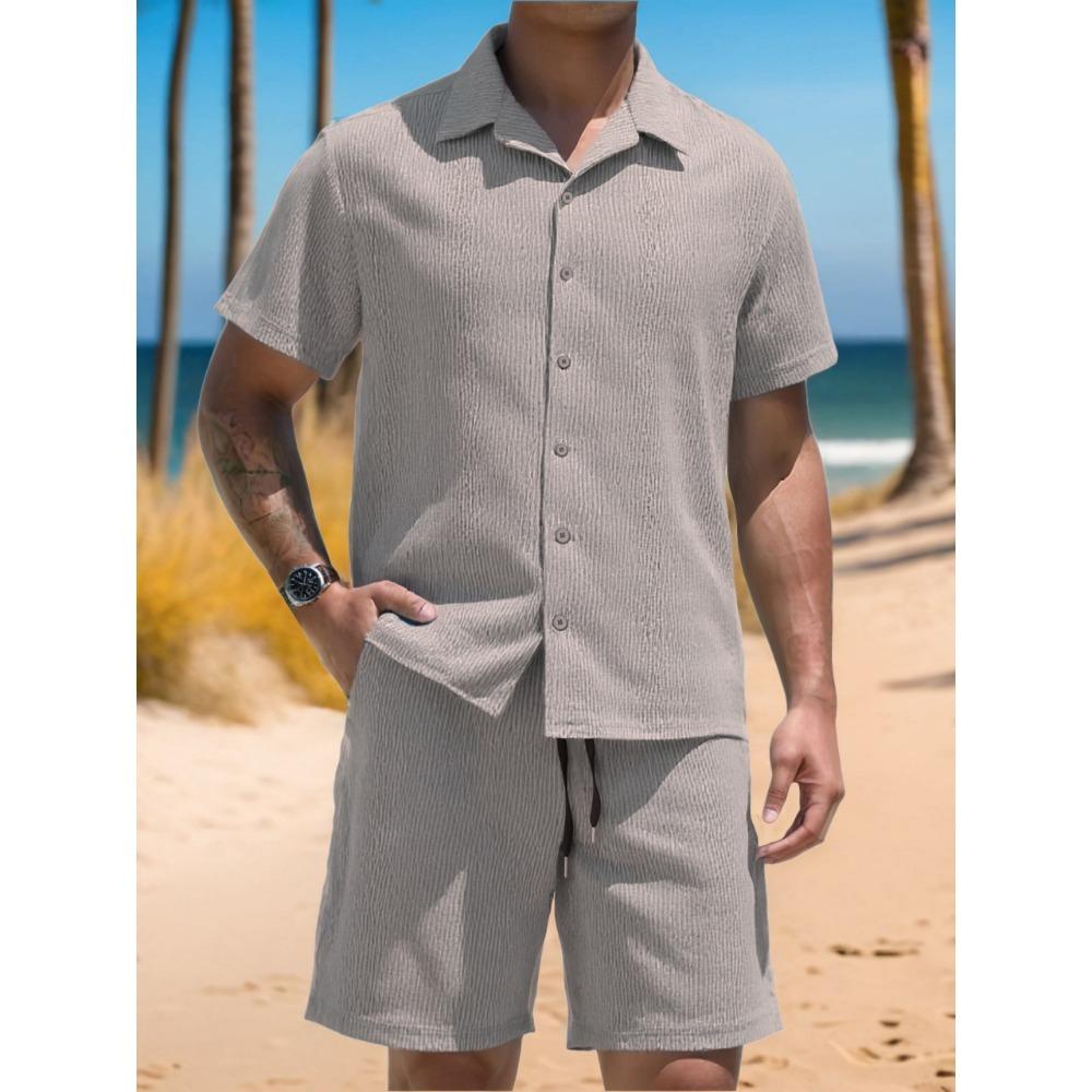 Men’s Shirt, Casual Loose-fit Short-sleeved Top and Shorts Beach Set