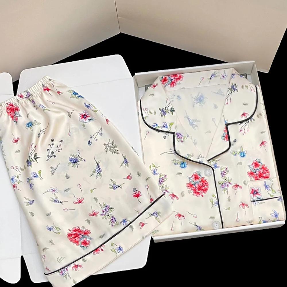 Plants Flowers Fresh Print Women's Sleepwear Summer New Female Two Piece Pajama Sets Classy Short Sleeve Shorts Homewear