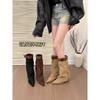 Hot Girl Oni! Trendy Leopard Print Pointed Toe Wedge Trouser Boots Women's Autumn Detachable Belt Buckle Mid-leg Boots