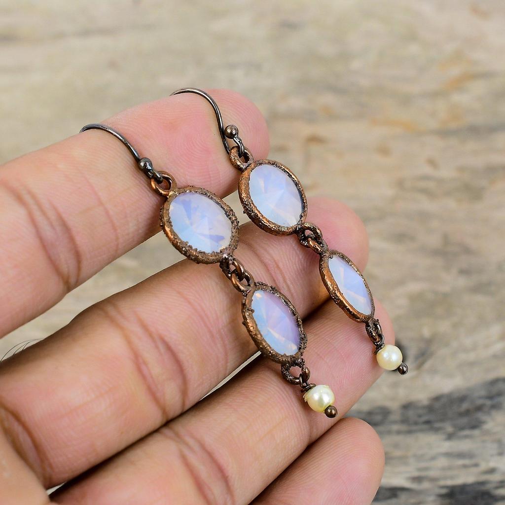Серьги с молочным опалом, медные серьги, гальванические украшения, оригинальные серьги с драгоценными камнями, ювелирные изделия ручной работы, гальванопластика, свадебный подарок