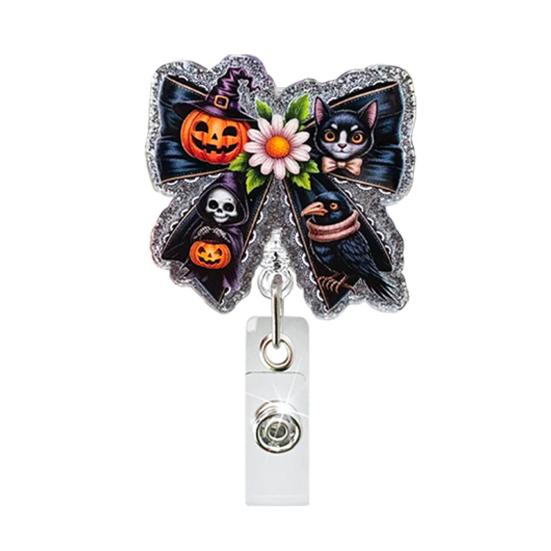 Office Badge Clip Retractable Holder, Halloween Glitter Acrylic Reel, Cute Ghost Reel Pumpkin ID Card Holder for Nurse Doctor Teacher Worker