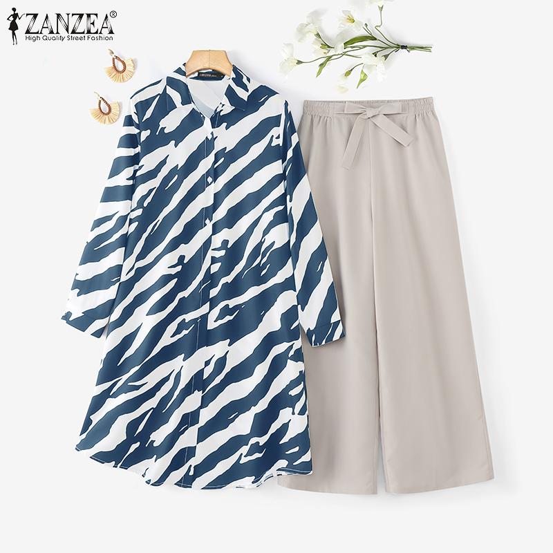ZANZEA Женский повседневный комплект из двух предметов: длинная блузка и брюки с принтом зебры