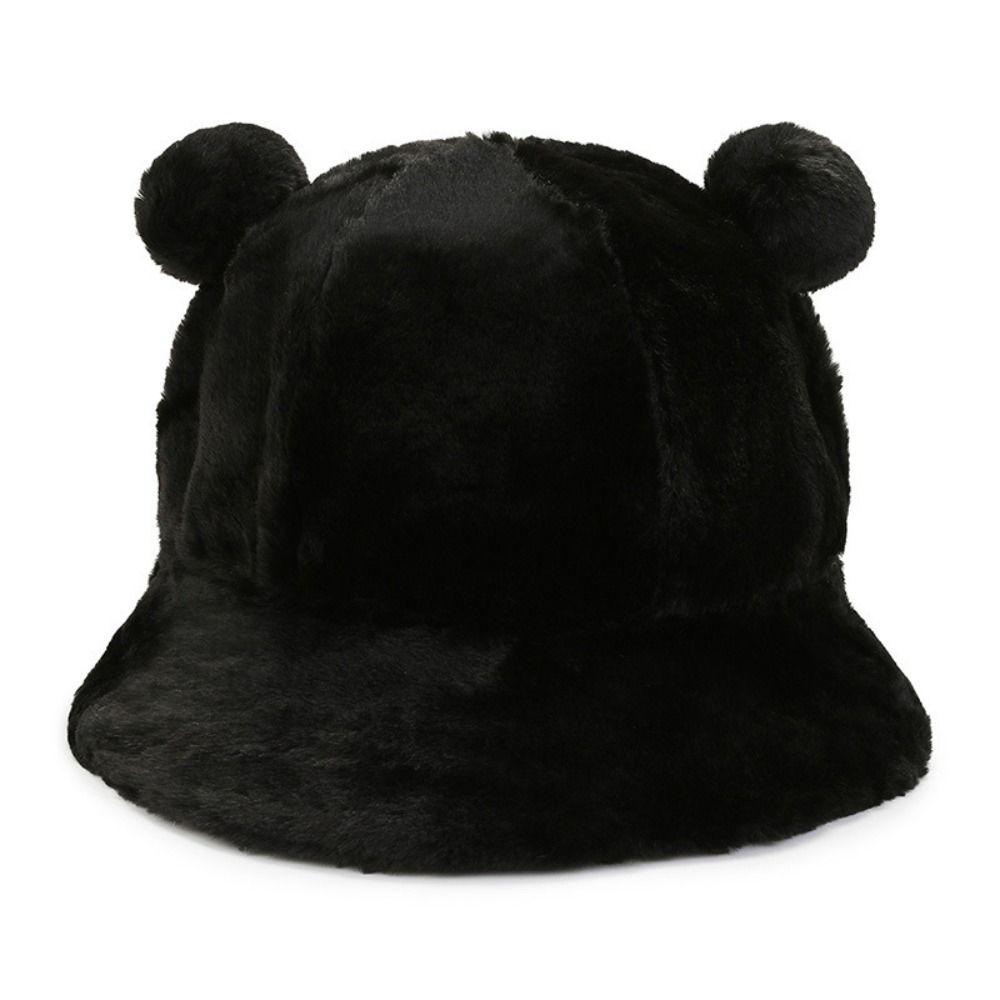 Solid Color Plush Fisherman Caps Bear Ears Basin Hat New Wool Cap Women