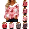 Women's Valentine's Day Printed Long-Sleeved Shirt, V-Neck, Casual Loose-Fitting T-Shirt Top